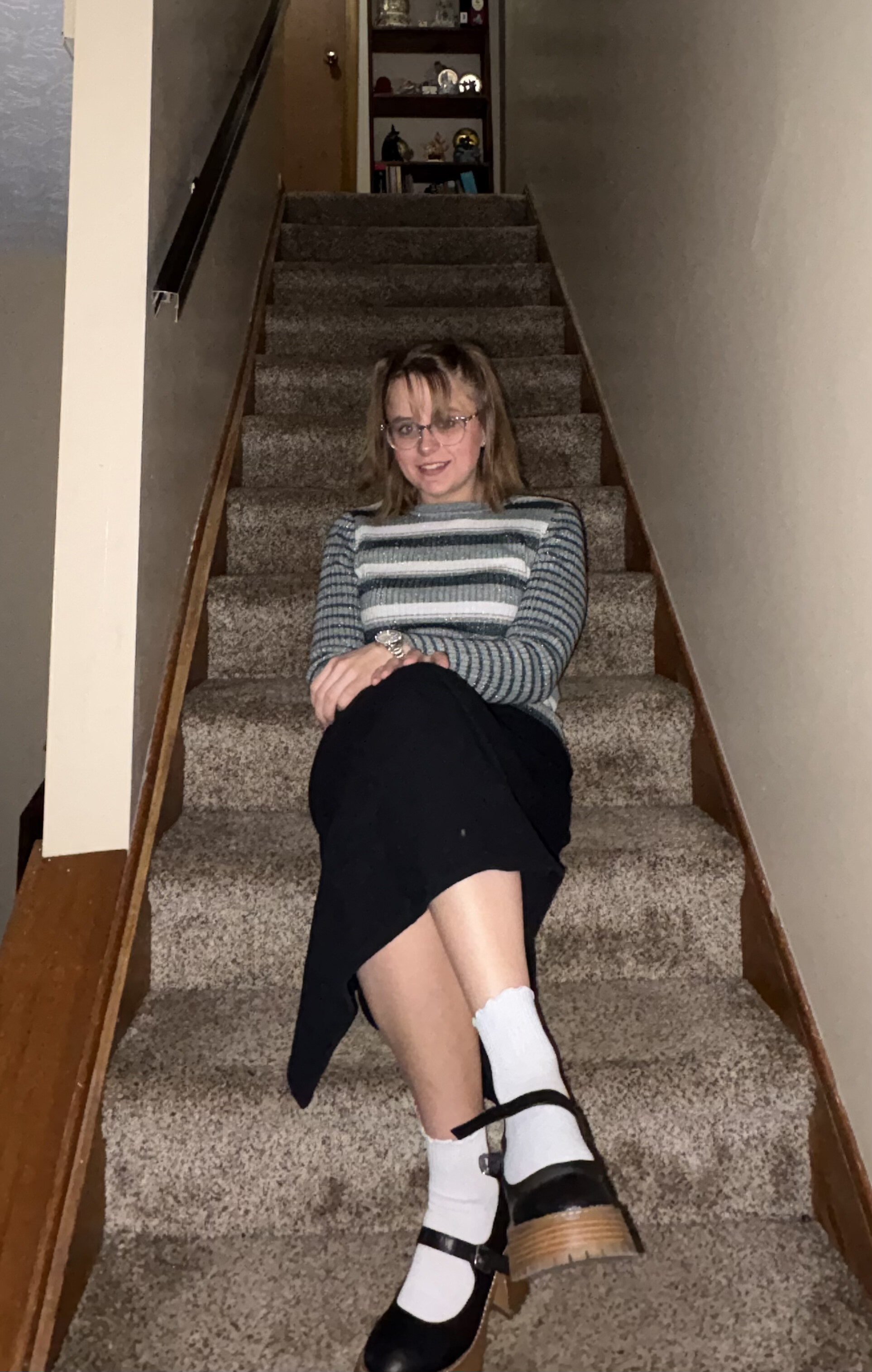 striped shirt and long skirt with mary janes
