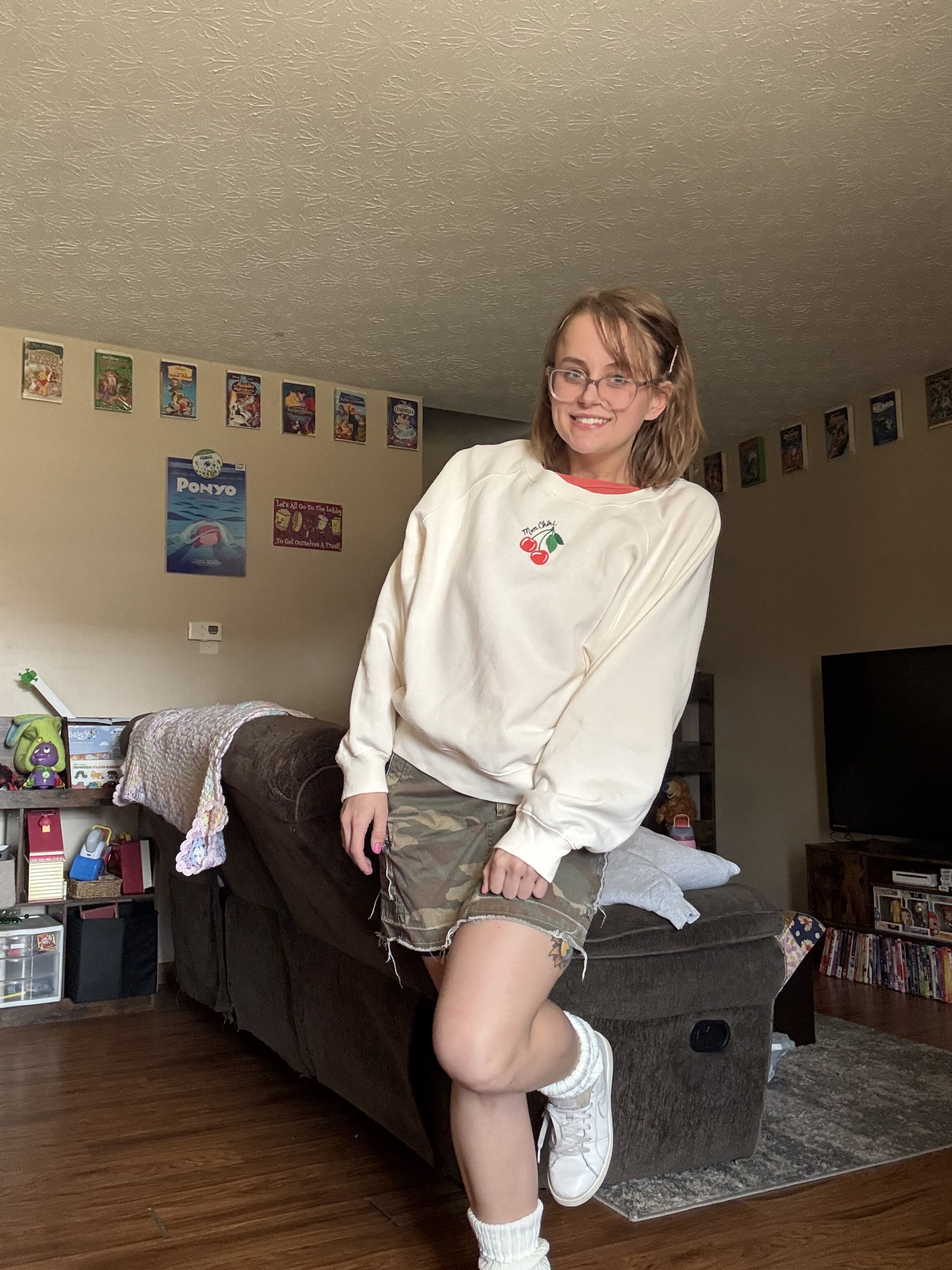 camo skirt with cherry skirt and tennis shoes